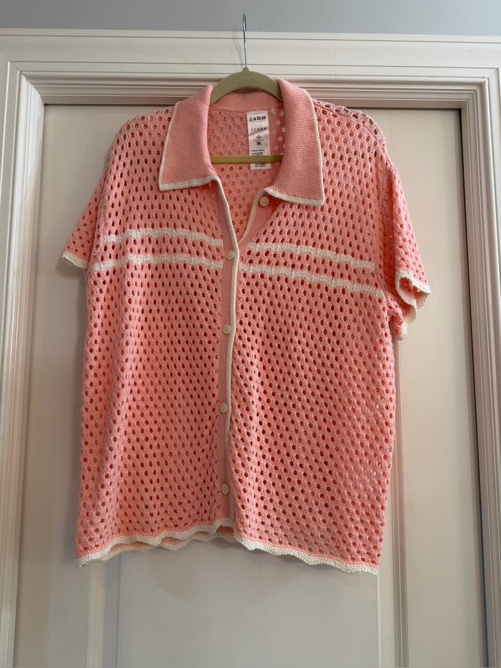 Pink Crochet Knit Button-Up Polo Top with White Trim nwot